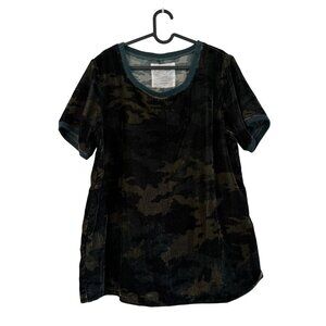Kyla Seo Green Camouflage Velvet Short Sleeve Blouse Top Womens Size Medium